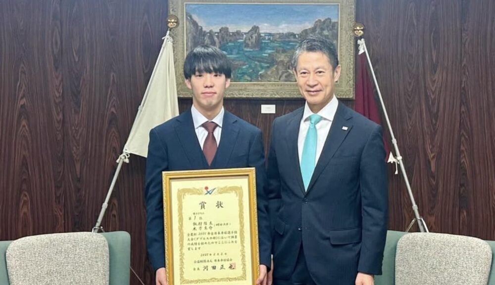 湯崎英彦知事に全日本ダブルス優勝のご報告